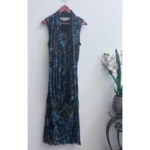 Vtg Majick Y2K 90s Floral Beaded Fairy Maxi Dress Scarf Black Blue Boho Womens M
